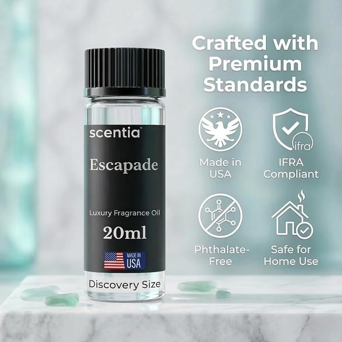 Scentia Escapade Aromatherapy Oil for Diffuser – Hotel Scent Inspired by 5-Star Resort – 20 mL – Jasmine, Bergamot & Marine Natural Fragrance Oil for Waterless & Cold Air Diffusers, Made in USA