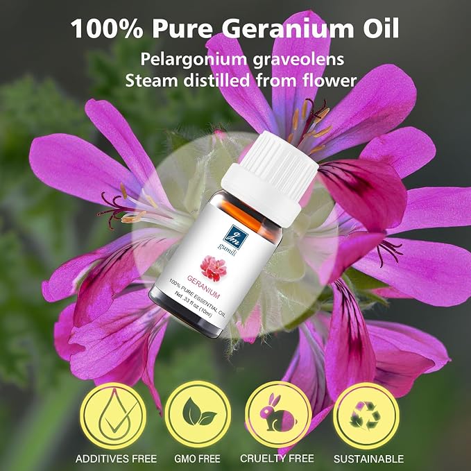 GM Gumili Geranium Essential Oil 10ml, 100% Pure Geranium Oil for Diffuser, Skin, Hair, Face, Soap & Candle Making, Aromatherapy & Massage
