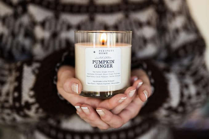 PERIPETI Home Pumpkin Ginger Scented Candle, Wooden Wick – 8.5oz Natural Soy Wax for Energizing Aromatherapy, Long-Lasting Burn with a Cozy Fall Scent