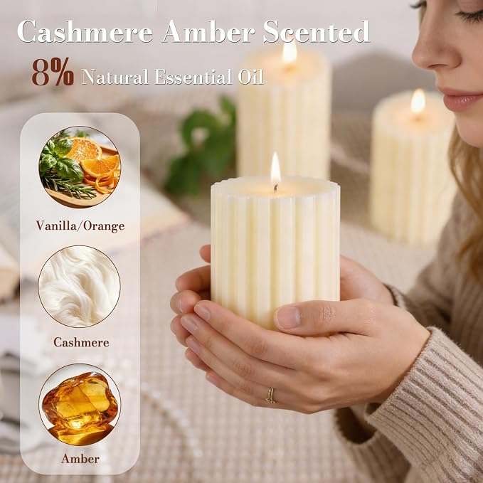 Ribbed Soy Pillar Candles Set of 3, Cashmere Amber Scented, Natural Soy Wax, 266 Hour Long Burning, 2.8x4/6/8 inch Large Pillar Candles for Home Decor, Relaxation, Bathroom, Living Room