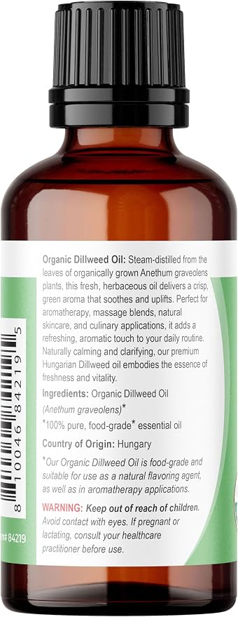 Viva Doria Dillweed Essential Oil, USDA Certified Organic Dillweed Oil, 100% Pure, Hungarian Natural Essential Oil, Undiluted, for Aromatherapy | Food Grade, 30 mL (1 Fluid Ounce)