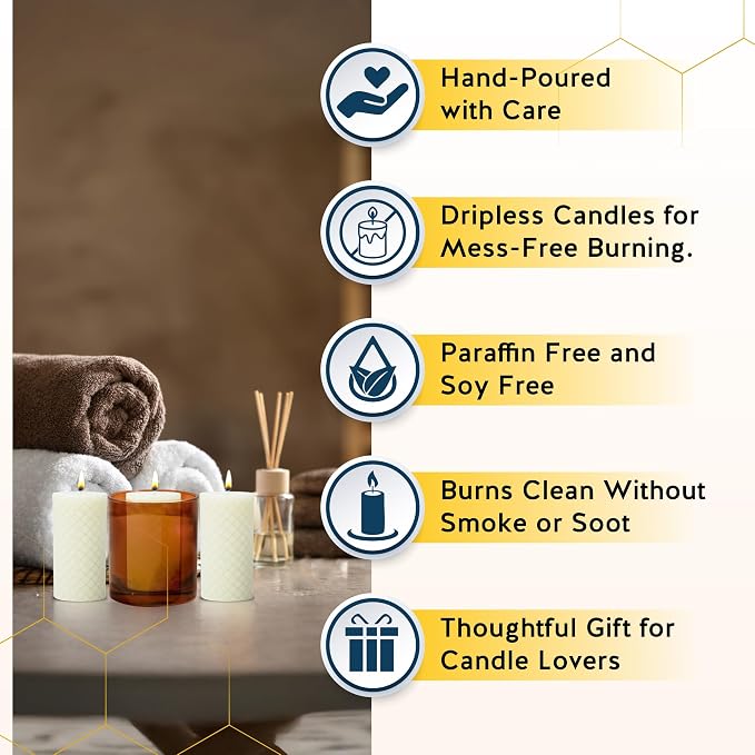 Alternative Imagination Beeswax Diamond Pillar Candles – 3 Pack of 2x4 Inch Unscented Candles - Hand-Poured - Ivory White 100% Pure Beeswax - Natural Honey Aroma - Dripless Long-Burn