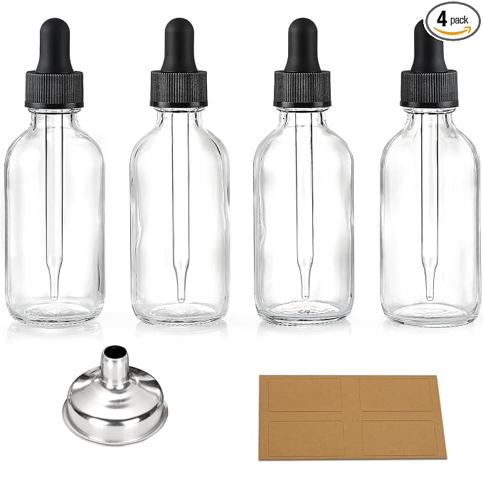 4 Pcs, 2 oz Clear Eye Dropper Bottles with 1 Stainless Steel Funnels & 4 Labels - Black Caps 60ml Thick Glass Tincture Bottles - Leakproof Essential Oils Bottles for Health, Personal Care & Beauty