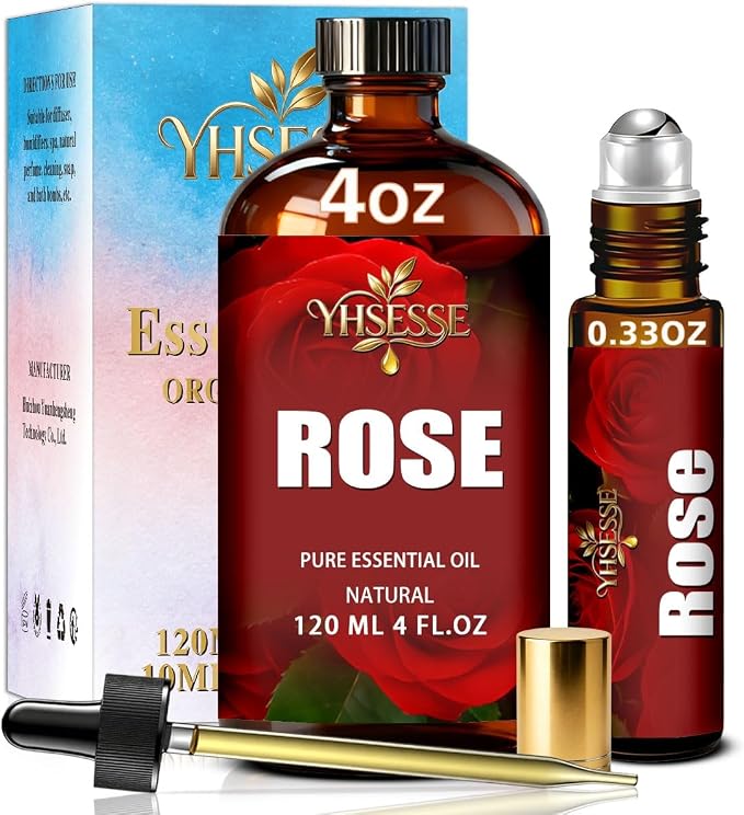 Rose Essential Oil, Rose Oil 4 Fl Oz 120ml for Diffuser Yoga Soap & Candle Making – with 0.33 Oz Roller Ball & Dropper YHSESSE Essential Oils
