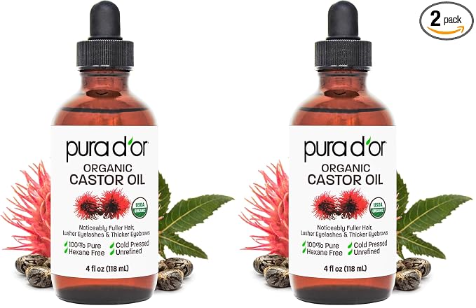 PURA D'OR 4 Oz Organic Castor Oil – Pure Cold-Pressed, Hexane-Free, USDA Certified – Lashes, Brows, Hair, Scalp, Skin-Moisturizer Supporting Softness, Strength, Hydration, Shine & Radiance,(Pack of 2)