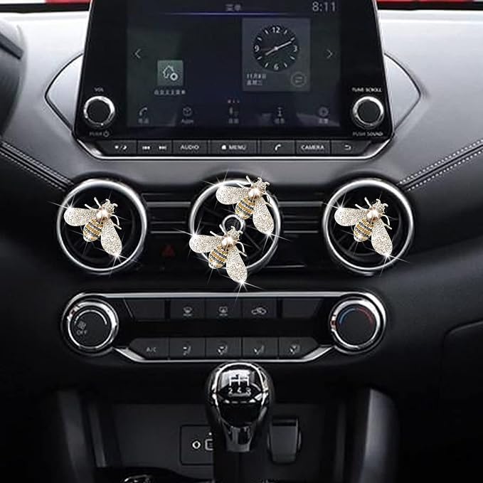 Bling Bee Air Vent Clips, 4 Pcs Crystal Bee Car Air Fresheners Car Diffuser Vent Clip Rhinestone Car Decoration for Women Interior Decor Bling Car Accessories + Sunflower Mask Hook