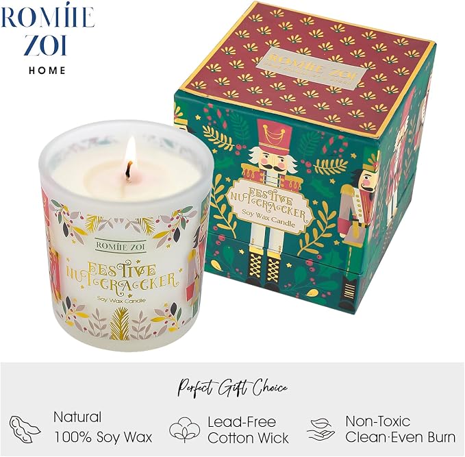 ROMIIE ZOI Christmas Scented Candle - 6oz Soy Wax Candle, Nutcracker Winter Candle for Home Decor, Infused with Sugar Plum Aroma-Forest Green Gift Box Packaged for Christmas Holiday Season Gift
