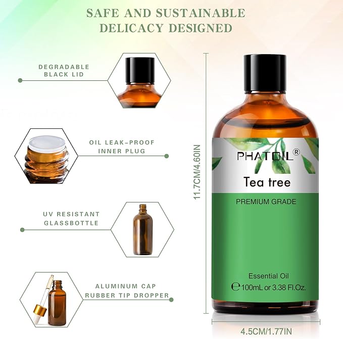 Tea Tree 3.38fl.oz Essential Oil, PHATOIL Pure Aromatherapy Oils for Diffuser, Humidifier, Perfect for DIY Soap, Candle, Bath Bombs Making(100ml)