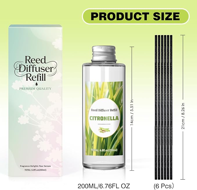SCENTORINI Reed Diffuser Oil Refill, Citronella Diffuser Oil 6.76 Fl Oz, Lemongrass Scented Essential Oil Refill for Summer Home Fragrance for Room Spa Bathroom Hotel Decor, Patio, Outdoor
