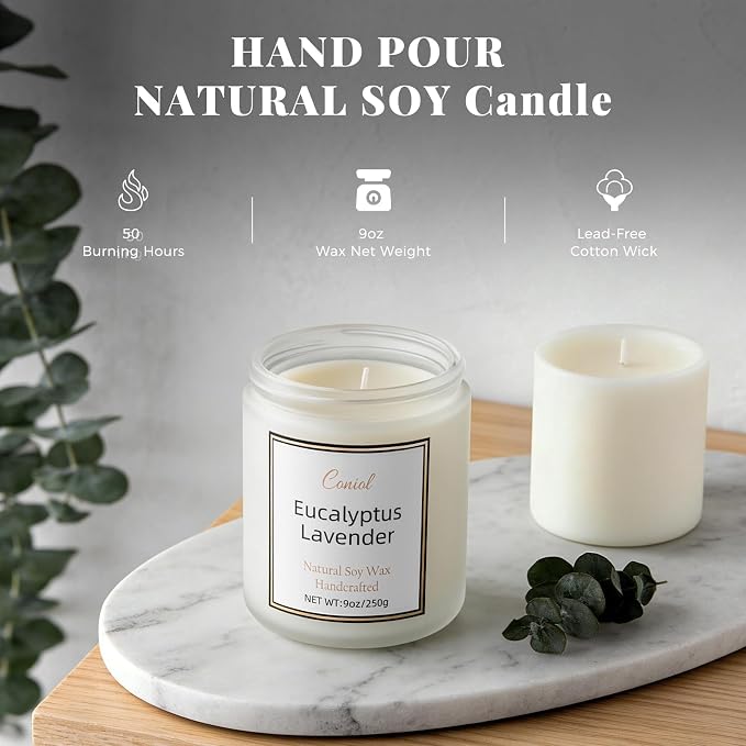 Eucalyptus Lavender Strong Scented Soy Candle for Home,Non Toxic Natural Aromatheraphy Candles,50H Long Burning Smokeless Jar Candel, Home Fragance Gift for Stress Relief,Relax,Holiday(9oz)