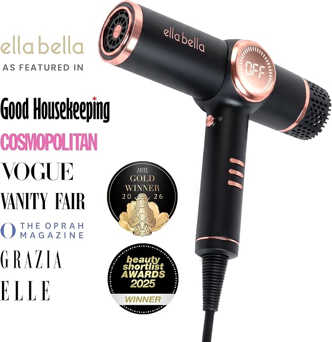 ELLA BELLA® Professional Ionic Hair Dryer with Diffuser • Negative Ion Blow Dryer • Suitable All Hair Types • Intelligent Heat Control & Rapid Drying Speeds • Lightweight Design • Low Noise Technology
