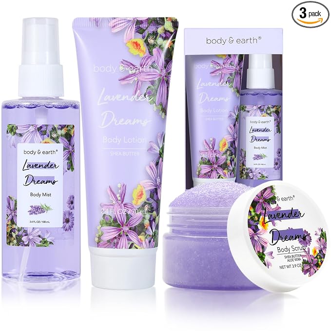 BODY & EARTH Body Mist Gift Set - Spa Gifts for Women, Perfume, Body Lotion, and Body Scrub in a Lavender Dreams Box- Perfect Birthday Gifts for Moms, and Special Occasions,Unique Gift Ideas for Her