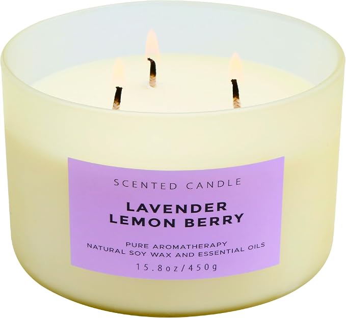 Lavender Lemon Berry Scented Candle | 3-Wick Large Soy Candle 15.8 oz | Highly Scented Aromatherapy Lavender Candle for Women | Calming Floral Lemon Home Scent | Long Lasting Clean Burn