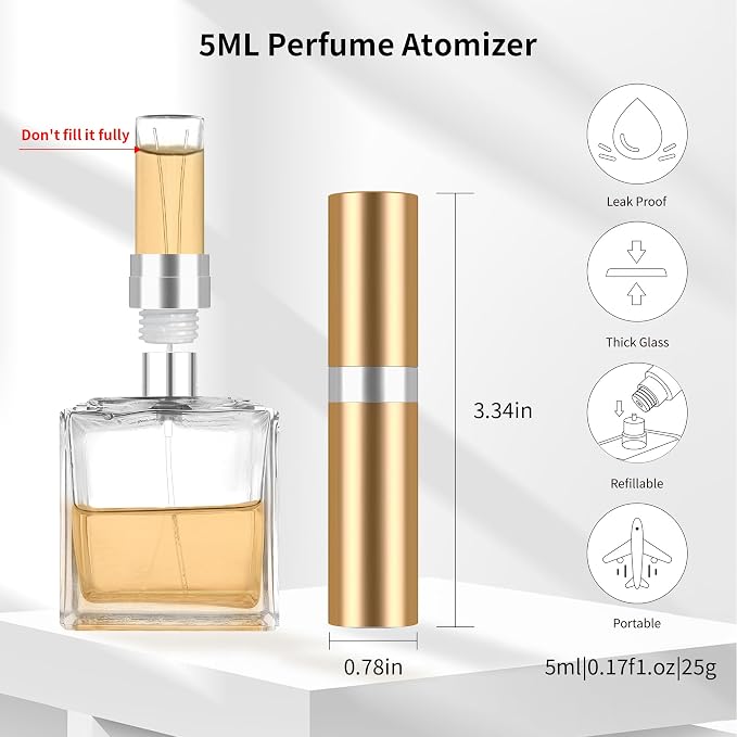 MUB 5ml Perfume Travel Refillable Atomizer Bottle Glass Liner Top-Filling Leak-Proof Spray Bottle Atomizer Sprayer for Perfume Cologne Mini Travel Size Empty Pocket Portable for Outgoing