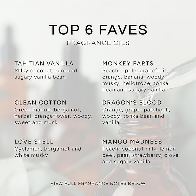 Top 6 Faves - Set of 6 Premium Fragrance Oils - Love Spell, Tahitian Vanilla, Clean Cotton, Mango, Dragon's Blood and Monkey Farts - 10ML