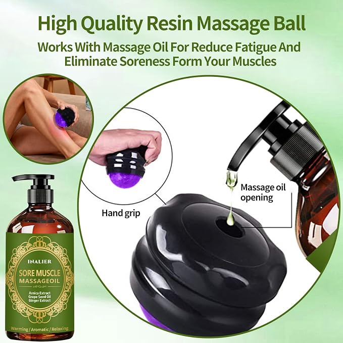 Massage Oil for Massage Therapy,3 Pack Cellulite Massage Oil,Sore Muscle Arnica Oil & Lavender Massage Body Oil with Massage Ball & Thumb Saver Tool,Mens Gifts,Birthday Gifts for Women and Men