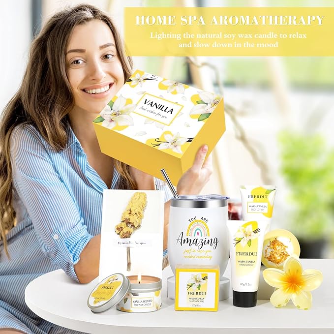 Birthday Gifts for Women, Relaxing Spa Gift Baskets for Women, Warm Vanilla Self Care Bath and Body Gift Set Care Package for Her Wife Mom Female Friends Bestie Sister Mothers Day Gifts