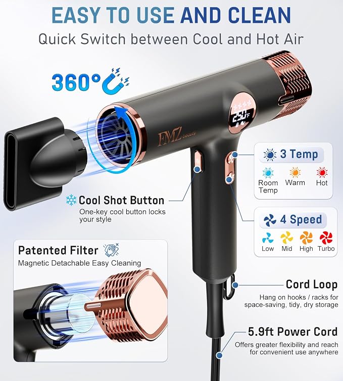 FMZ Professional Ionic Hair Blow Dryer Smart Display with Diffuser, 1875W High Speed Powerful BLDC Motor for Fast Drying, Mini Portable Lightweight Quiet, Curly Hairdryer for Men Women Salon Travel