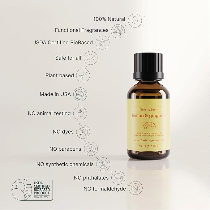 Homedics SereneScent Wellness Oil Refill for Waterless Diffusers, Lemon & Ginger, 15ml Plug & Play Fragrance Oil Bottle, Aromatherapy Scent Refill for Home, Office, Bedroom, Compact Diffusers
