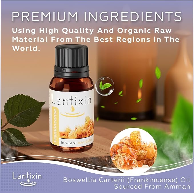 Lantixin 100% Pure Frankincense Essential Oil 15ml/0.5 fl oz Undiluted – Aromatherapy Diffuser Oil for Massage, Soothing, Redness Reduction,Candle Making,Skin Firming & Mood Balance