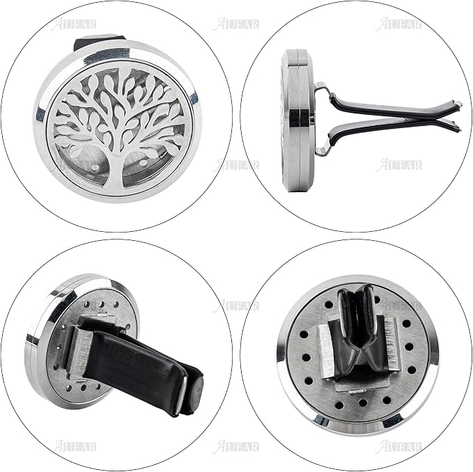AUEAR, Tree of Life Car Diffuser Vent Clips Aromatherapy Essential Oil Diffusers 30mm Stainless Steel Lockets with 10 Felt Refill Pads