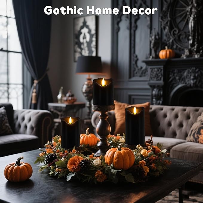 Flameless Candles Light, Set of 3 Flickering LED Candles with Remote & Timer, Dimmable Real Wax Electric Pillar Candles Battery Operated, Black Flameless Candles for Home Halloween Decor (Black)