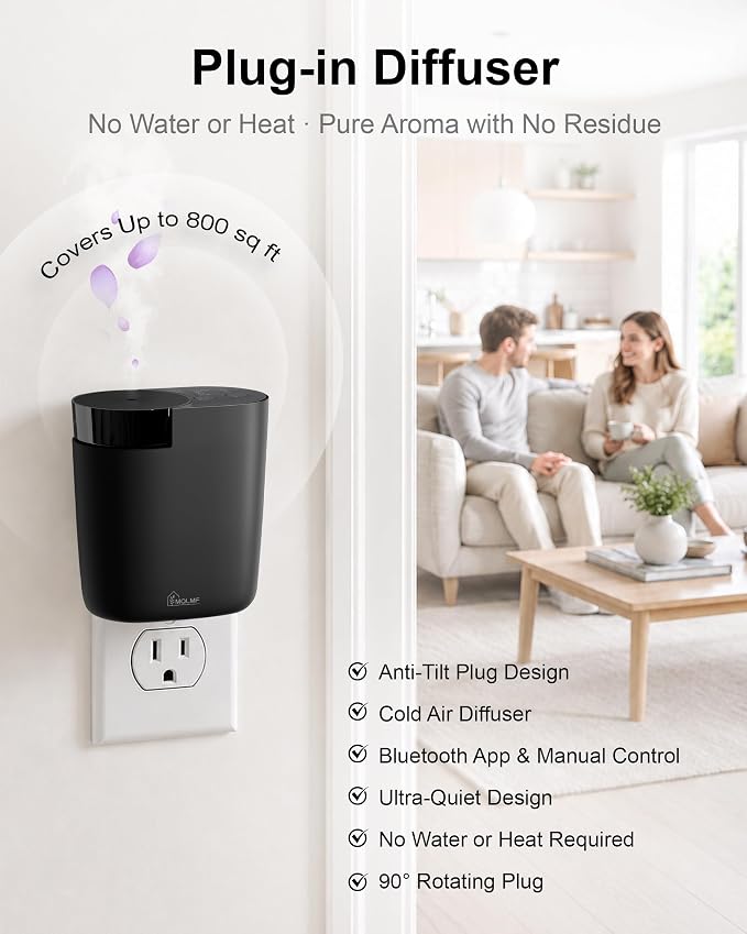 Waterless Plug in Diffuser, 800 Sq Ft, No Wobble Secure Wall Fit, Adjustable Timer & Scent Intensity,App Control,Essential Oil Plug in Wall Diffuser, Includes 3 x 20ml Fragrance Oils, Black
