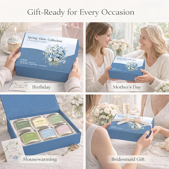 Scented Candles Gift Set,6 Pack Spring Summer Soy Wax Aromatherapy Candles,Lemon Verbena,Coconut Lime,Sea Salt Breeze, Citrus Basil, Eucalyptus Mint & Cherry Blossom