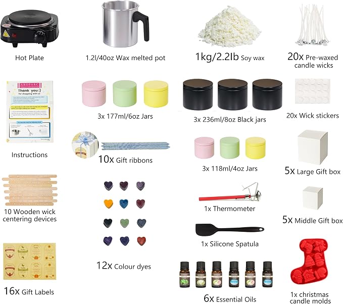 Aroparc Premium DIY Candle Making Kit - All-in-One Set with Hot Plate & 1.2L Melting Pot,100% Natural Soy Wax, Christmas Molds, and Gift Box, Unique Holiday Activity & Gift