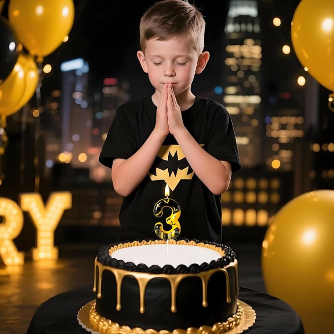 Black Yellow Number 3 Birthday Candle for Cake – Dark Night Hero Style with Bat & City Silhouette Design – Unique Cake Topper for Birthday, Anniversary, Themed Party Decoration