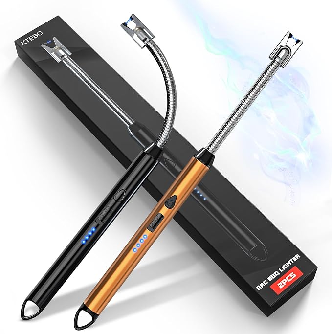 KTEBO 2 Pack Electric Candle Lighter, Windproof Plasma Arc Rechargeable | USB-C Flameless Plasma Lighter, 360-Degree Flexible Long Gooseneck, LED Battery and Safety Lock for Candles, Grill, Camping