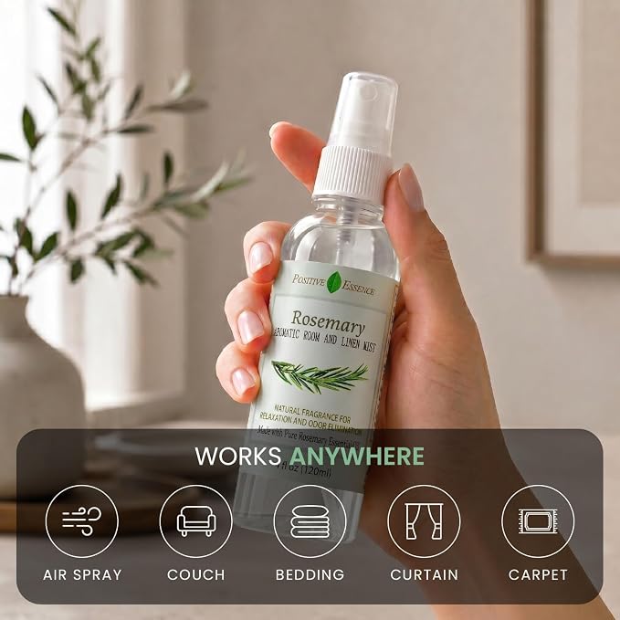 Rosemary Linen & Room Spray, Natural Aromatic Spray Made with 100% Pure Rosemary Essential Oil, Relaxing Home Fragrance (4.06 fl oz)