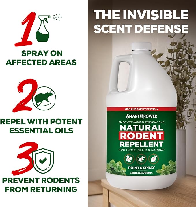 Smart Grower Peppermint Oil Spray for Rodents – Maximum Strength Ready to Use Peppermint Spray for Rodent, Mice, Squirrels – Indoor, Outdoor & Car Engine Protection – 128 oz