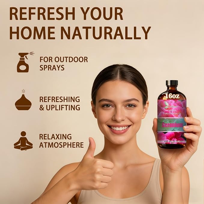 Geranium Essential Oil - Geranium Fragrance Oil for Diffuser, Massage, Humidifier, DIY Candle, Soap Making, Home, Bath, Yoga - 16 fl oz (480ml) - ZODION Essential Oils