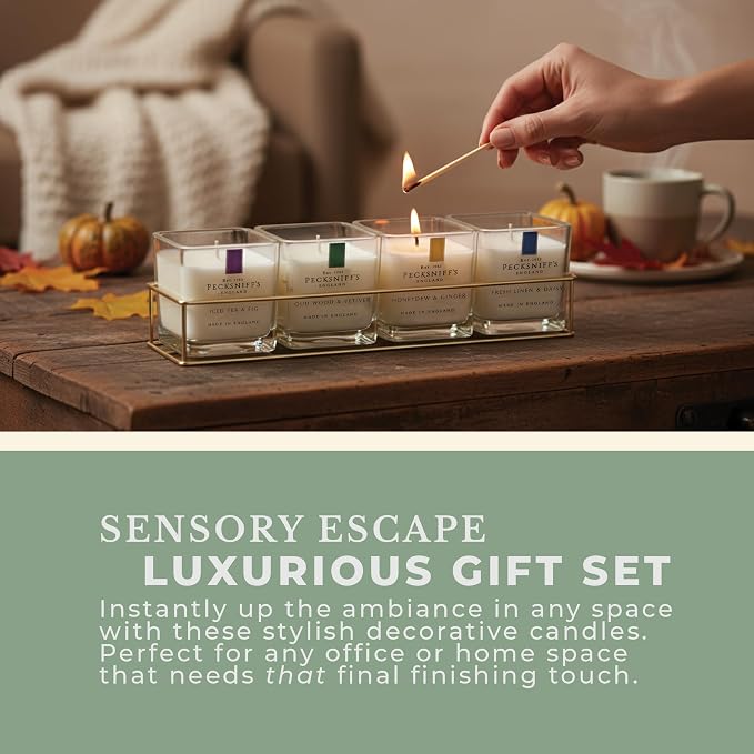 Pecksniff’s Candle Gift Set – Premium Single Wick Candles in Metal Caddy, Handcrafted in England, 4 Scents, 70g Each (Set of 4) – Iced Tea & Fig, Oudwood Vetiver, Honeydew Ginger, Fresh Linen Daisy