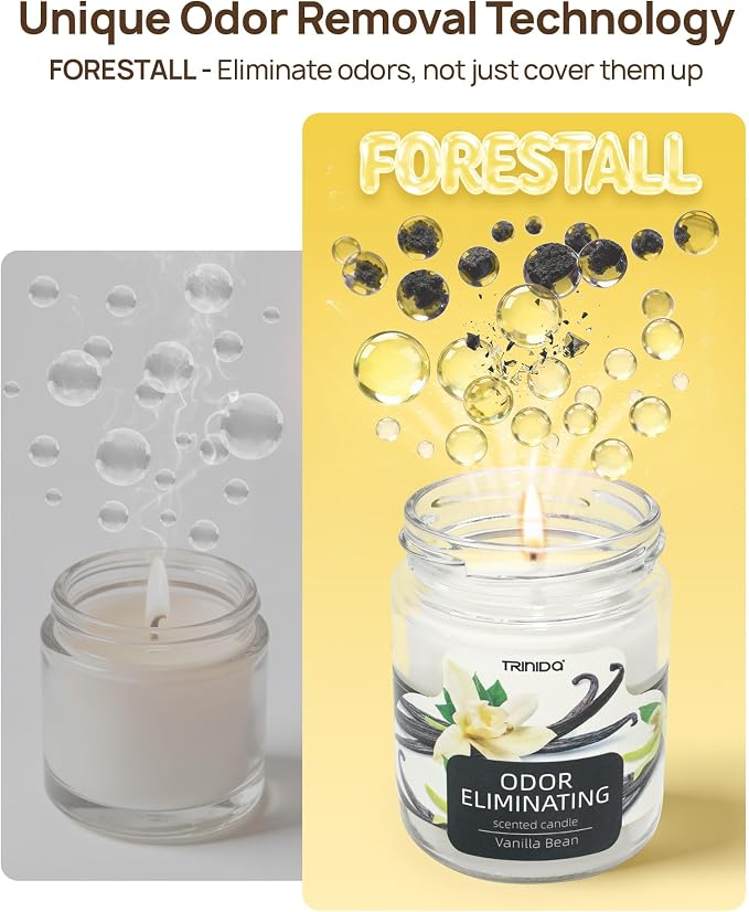 TRINIDa Vanilla Bean Odor Eliminating Candles for Home Scented, Eliminates 99% of Pet, Smoke, Food and Other Smell Quickly, Highly Fragranced Scented Candle, Premium Soy Candle Set for Women