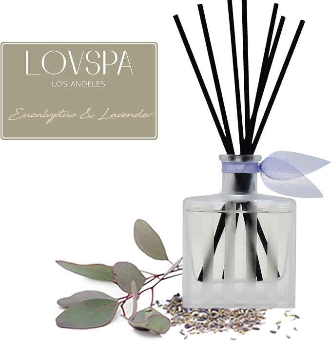 Reed Diffuser Set, DE-Stress Lavender Eucalyptus Scented Oil Diffuser with Sticks, Home Fragrance Accessories for Bathroom Shelf Decor, Aroma Diffusers for Home or Office Desk, USA Made
