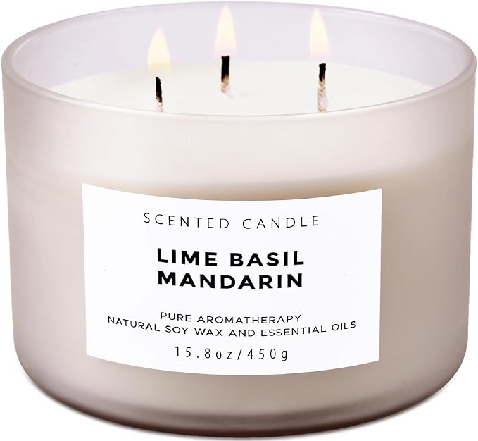 Lime Basil Mandarin 3-Wick Soy Candle | 15.8 oz Large Scented Candle for Home | Clean Burn Long Lasting | Fresh Herbal Citrus Scent | Gift Ready