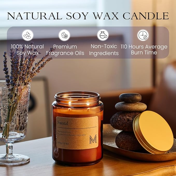 M&SENSE Santal Scented Large Candle, 19.4oz Aromatherapy Candle for Home Fragrance, Natural Organic Soy Wax Long-Lasting for Stress Relief, Yoga, Gifting for Birthday, Housewarming