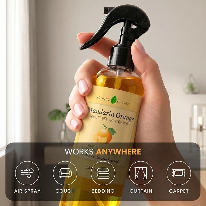 Mandarin Orange Linen and Room Spray, Natural Air Freshener Made with Pure Mandarin Essential Oil, Bathroom Air Refreshener, Pillow Spray, or Bathroom Odor Eliminator (8.5 fl oz)