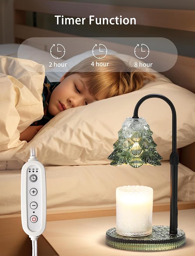 Candle Warmer Lamp with Timer & Dimmer, Crown Glass Lamp Candle Warmer for Jar Candles, 2 Bulbs, Height Adjustable Electric Wax Warmer for Elegant Home Decor (Evergreen Glow)