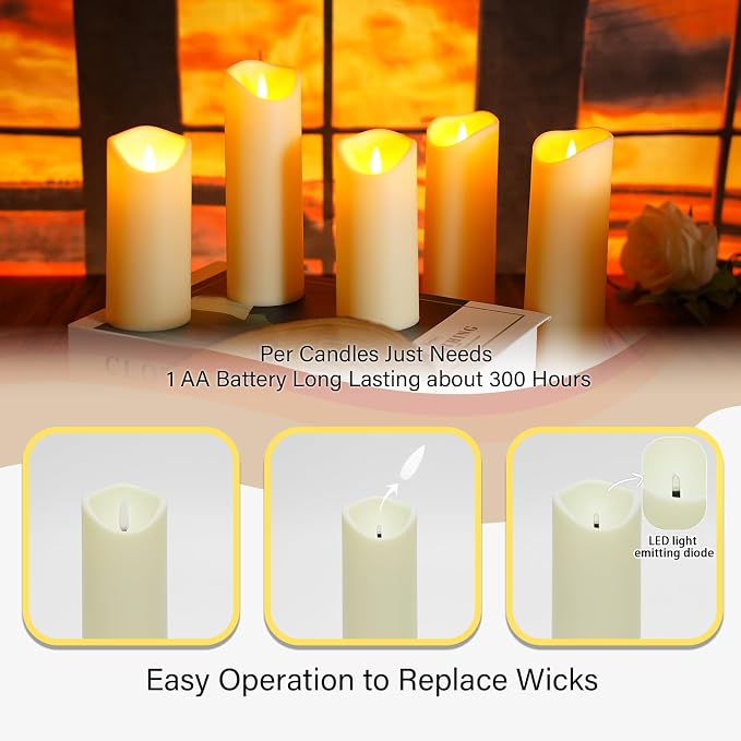 kakoya Flickering Flameless Candles, Battery Operated Acrylic LED Pillar Candles with Remote Control and Timer,Set of 9 (Ivory)