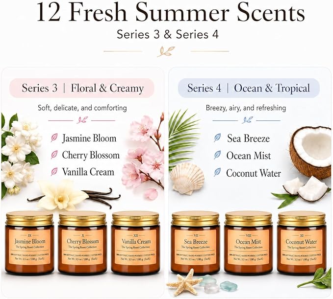 12 Pack Summer Scented Candles, 3.5 oz Amber Glass Jar Soy Candle Set, 8% Essential Oil Blend, Gifts for Women Birthday Housewarming