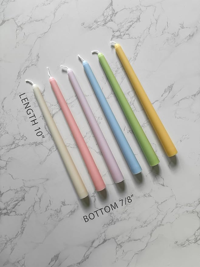 10" Classic Taper Candles, Multicolored, 12-Pack, 7-8 Hours Long Burning, Unscented Tall Easter Colorful Candlesticks