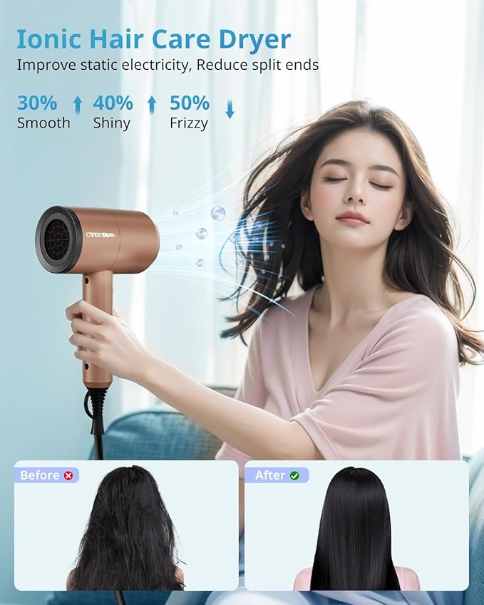 SHRATE Ionic Hair Dryer with Diffuser | Professional Blow Dryer for Curly, Frizzy & All Hair Types | Low Noise & Gentle for Sensitive Hair | Compact & Portable Design for Home, Travel, Women & Men