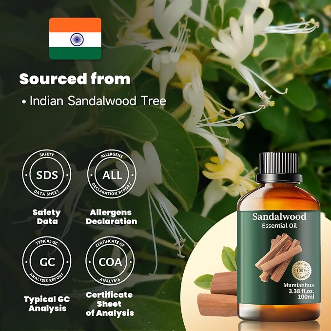 Sandalwood Essential Oil, Pure Mumianhua Natural Woody Aroma for Bedtime Serenity & Evening Wind‑Down, Meditation, Diffuser, Pillow Mist, Skin, Candle Making – 3.38 Fl Oz