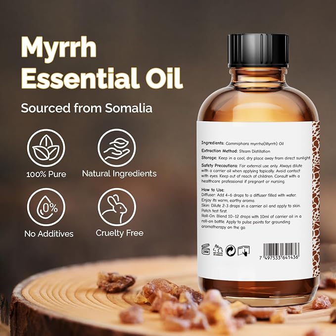 GM Gumili Myrrh Essential Oil 4 Oz, 100% Pure Natural Myrrh Oil for Diffuser, Skin, Hair, Body & Face, Massage, DIY & Home Use