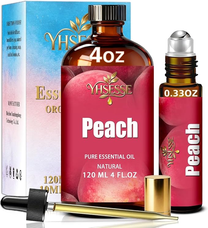 Peach Essential Oil, Peach Oil 4 Fl Oz 120ml for Diffuser Yoga Soap & Candle Making – with 0.33 Oz Roller Ball & Dropper YHSESSE Essential Oils