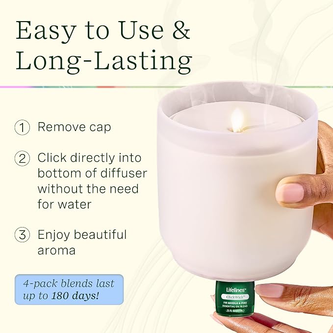 Lifelines Flameless Candle Aromatherapy Essential Oil Diffuser with 4 ClickWick Essential Oil Blends Value Pack - Cordless & Waterless Diffuser for Home - Scented Electric Candles Blow Out Flame