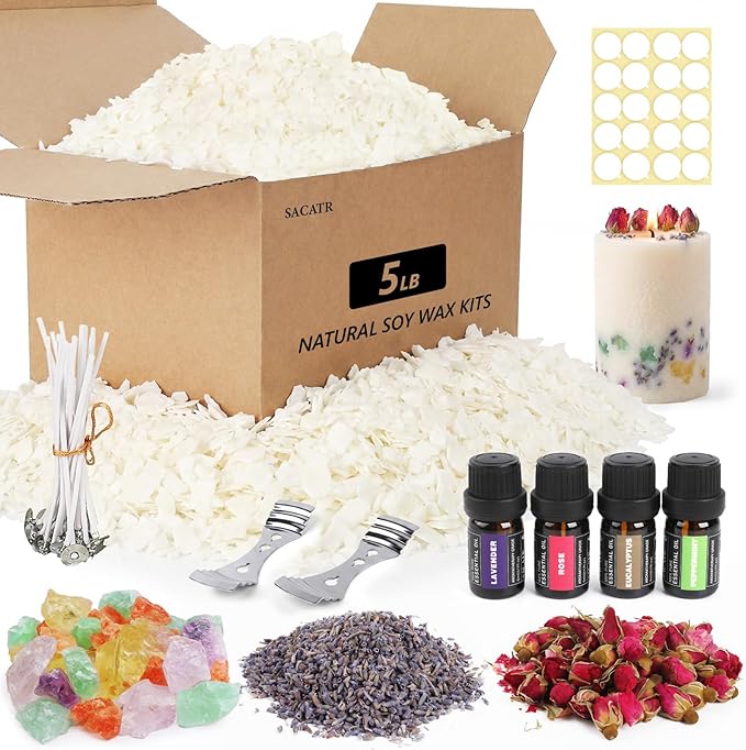 SACATR 5LB Soy Wax Candle Making Kit,Natural 100% Soy Wax for Candle Making, with Essential Oils, Raw Crystals,Dried Flowers,Wicks,Candle Making Supplies for DIY Scented Candles,Holiday Gifts